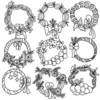 Set contour festive Christmas wreath from a variety of decorative elements in the form of Christmas balls, ribbons, citrus, bows, coloring page vector