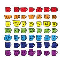 Set of cute doodle cups in rainbow colors with different smiles, emotional mugs of different shapes and sizes vector