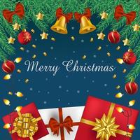 Fondo de web de navidad y año nuevo. árbol exuberante de pino abeto realista. caja de regalo, bolas de cristal y otros elementos navideños. postal, pancarta, póster, plantilla para redes sociales - vector