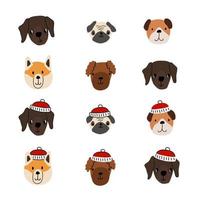 Set of cute animal heads. Dogs faces in Christmas winter hats. Labrador retriever, poodle puppy, buldog, akita inu, pug. Vector illustration isolated on white background