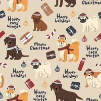 Seamless pattern of dogs in winter knitted red white hats and scarfs, lettering, gifts. Labrador retriever, poodle puppy, buldog, akita inu, pug. Vector illustration in Christmas time