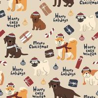 patrón sin costuras de perros en invierno de punto rojo blanco sombreros y bufandas, letras, regalos. labrador retriever, cachorro caniche, buldog, akita inu, pug. ilustración vectorial en tiempo de navidad vector