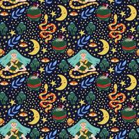 Witch with snake, mushrooms and moon seamless pattern on dark background. Halloween vector background