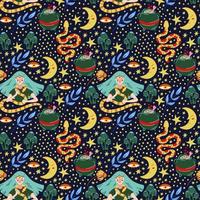 Witch with snake, mushrooms and moon seamless pattern on dark background. Halloween vector background