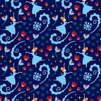 Christmas seamless pattern with ballerina and snowflakes on blue background. Vector nutcracker colorful background