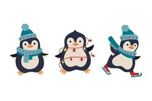 pingüinos lindos en ropa de abrigo. vector dibujado a mano personajes de pingüinos conjunto de ilustraciones navideñas