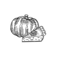 rebanada de pastel de calabaza dibujada a mano en estilo boceto. diseño del día de acción de gracias aislado sobre fondo blanco con calabaza y pastel. vector