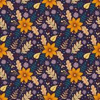 Sunflower autumn seamless pattern. Floral background with fall leaves and colorful flowers on dark background vector