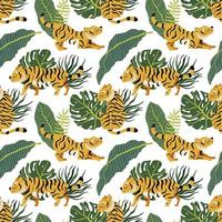 Vector seamless pattern with tigers and tropical leaves on white background. Exotic plants and predator background