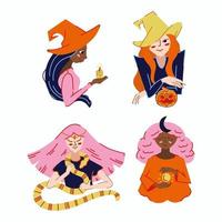 Witch set illustration on haloween. Witch wearing hat with snake vector illustration mystic women collection