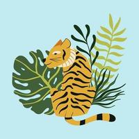 Vector cute asian tiger with tropical leaves on the blue background card design. Beautiful jungle animal print for t-shirt or poster