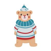 Cute vector bear in blue and red Christmas sweater, scarf and hat. Kids cartoon New Year illustration with cute animal for greeting card, sticker and invitation. Christmas animal