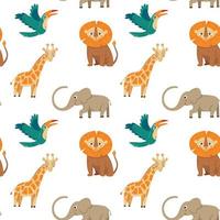 Cute jungle animals seamless pattern on white background with geraffe, elephant and lion vector