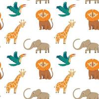 Cute jungle animals seamless pattern on white background with geraffe, elephant and lion vector