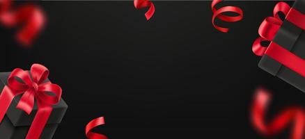 Black boxes with red ribbons. 3d style vector banner