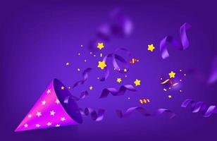 Happy holiday illustration with cone, ribbons and golden confetti. Vector concept