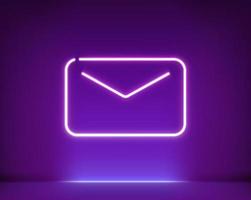 Neon glowing envelope in dark interior. 3d style realistic vector illustration