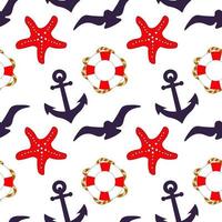 Seamless marine pattern, anchor, seagulls, lifebuoy and starfishes on a white background. Blue-red colors. Textiles, paper. vector