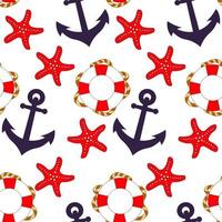 Seamless marine pattern, anchor, lifebuoy and starfishes on a white background. Blue-red colors. Textiles, paper. vector