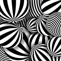 Many striped balls 3D Black and white abstract background Vector spiral diagonal swirls spheres