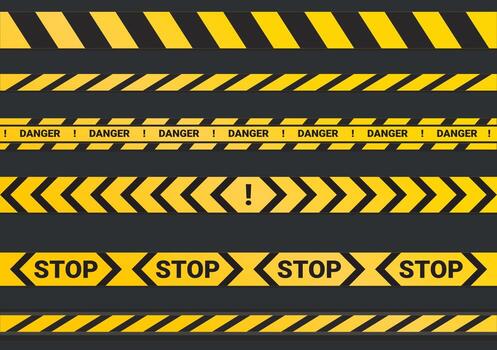 Attention stop danger tape line in yellow and black. Vector illustration of striped yellow lines indicating danger, investigation scene, barricade or accidents.