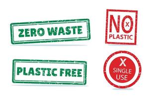 No Plastic and Plastic Free vector stamp seals with grunge texture claims effect in green and red colors.