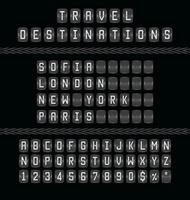 Airport Flip Board Panel With Travel Destinations, Realistic vector score board with mechanical sign messages. Automatic analog time table in airport terminals. Alphabet included with modern font.