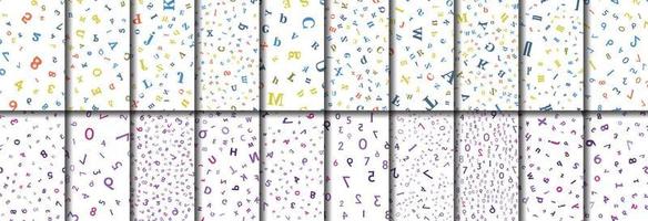 Collection of 20 seamless numbers and letters. For kids science educational projects, mathematics, algebra and letters from all the alphabet in repeating endless patterns. vector