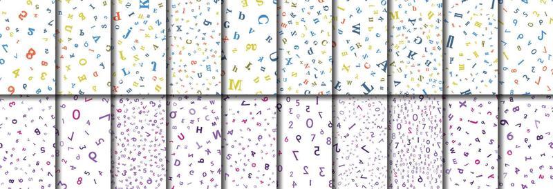 Collection of 20 seamless numbers and letters. For kids science educational projects, mathematics, algebra and letters from all the alphabet in repeating endless patterns.