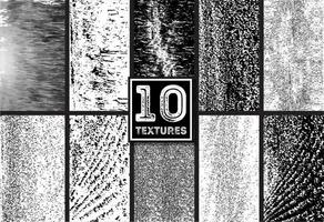 Set of 10 vector grunge overlay textures. Collection of ten distressed textures of rusted peeled metal. Easy to use halftone black monochrome detailed templates.