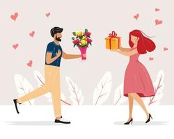 hombre y mujer dándose regalos. Linda pareja de enamorados dándose regalos para el día de San Valentín. Ilustración del concepto de amor.