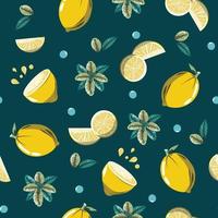 Lemon seamless pattern with mint leaves on green background. For textile, paper and packaging. Vector pattern