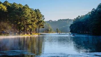 travel  Beatiful nature panorama view of Pang Ung lake in the mist at sunrise. photo