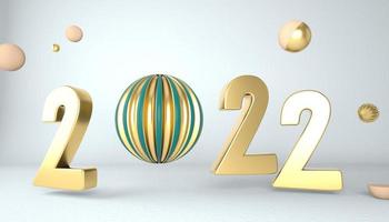 Happy New Year 2022. 3D numbers with geometric shapes and christmas ball. 3d render. photo