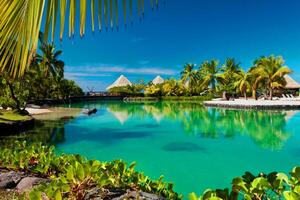 Hermosa playa paradisíaca tropical con arena blanca y palmeras de coco en el panorama del mar verde. foto