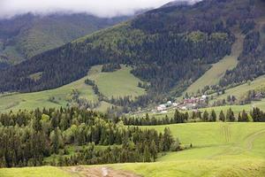 Carpathians. Mountain landscape. Village in the valley among coniferous forests