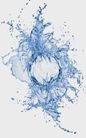 blue water transparent bottle glass splash abstract with bubbles on white. photo