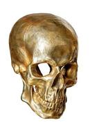 Human skull painted with gold paint isolated on white background.