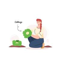 A happy farmer sitting and holding fresh cabbage in flat design vector