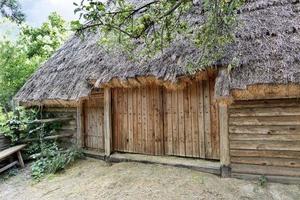 Old traditional ukrainian rural barn with a straw roof for dry grass photo