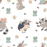 Seamless  pattern with cute forest animals flowers and mushrooms on a light background vector