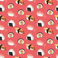 seamless pattern japanese traditional food rolls sushi and nigiri cartoon style on pink backgroun vector