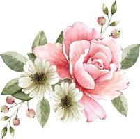 ramo con flores rosas y blancas y hojas verdes vector acuarela pintada a mano