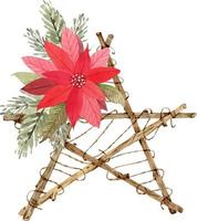 Christmas decor star from branches with red winter flower and fir vector watercolor