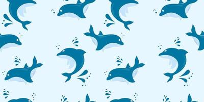 Seamless blue dolphin pattern, Vector drawing cartoon character smile for decoration background.