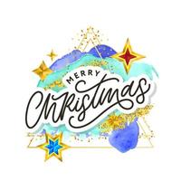 Merry Christmas text decorated with hand drawn lettering with gold stars. Greeting card design element. Vector typography.