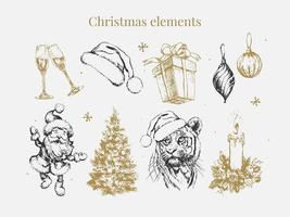 Christmas Set 2022 New Year and Christmas symbols, Christmas tree, tiger, Santa, cone, cinnamon, glasses, Candle, toys, gifts, sketch illustrations.Vector. vector