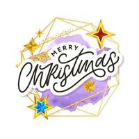 Merry Christmas text decorated with hand drawn lettering with gold stars. Greeting card design element. Vector typography.