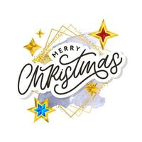 Merry Christmas text decorated with hand drawn lettering with gold stars. Greeting card design element. Vector typography.