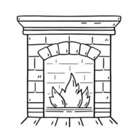 Home fireplace made of bricks isolated on white background. Interior element for comfort and warmth in the house. Vector hand-drawn illustration. Perfect for holiday and Christmas designs, cards, logo